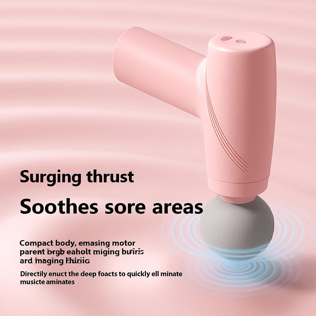 Pink compact massage gun with a gray spherical head for muscle relaxation