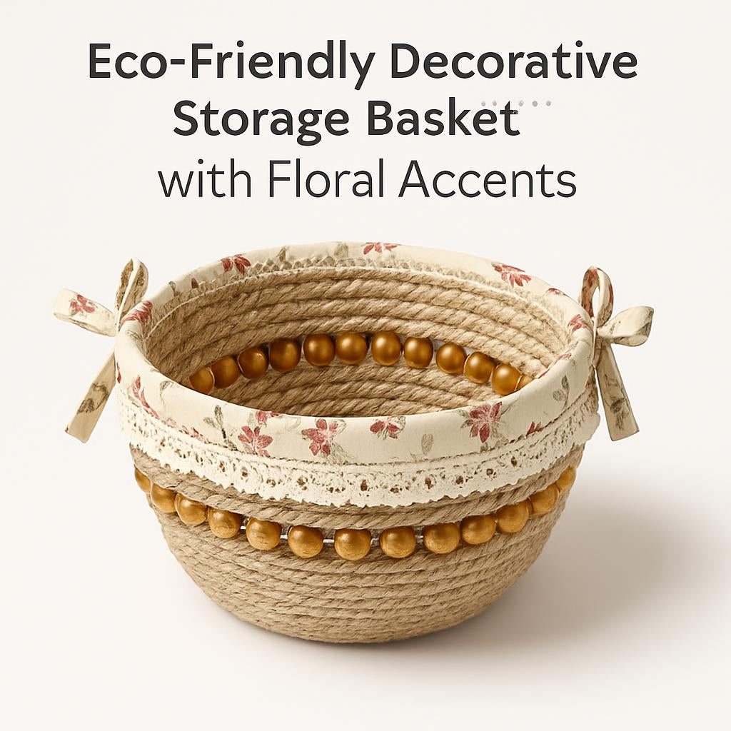 Eco-Friendly Decorative Storage Basket in Natural Beige with Floral Accents