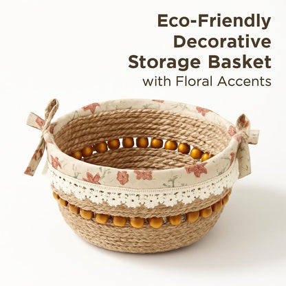 Eco-Friendly Decorative Storage Basket with Floral Accents