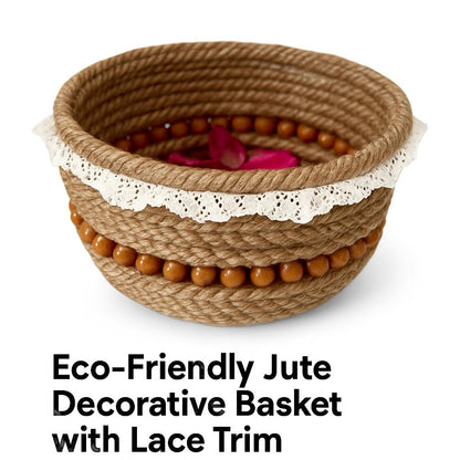 Eco-Friendly Jute Decorative Basket with Lace Trim
