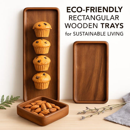Eco-Friendly Rectangular Wooden Trays in Natural Wood Tones