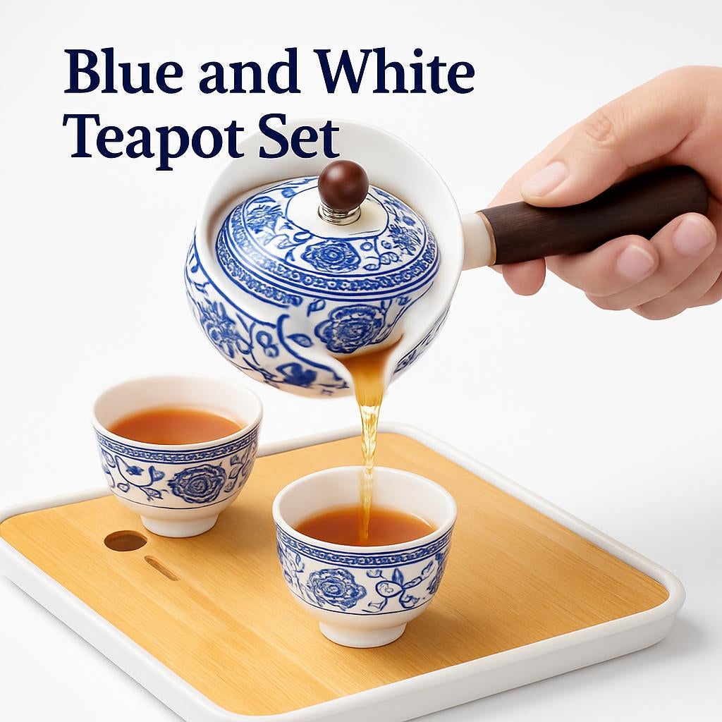 White ceramic teapot and teacup set with blue patterns