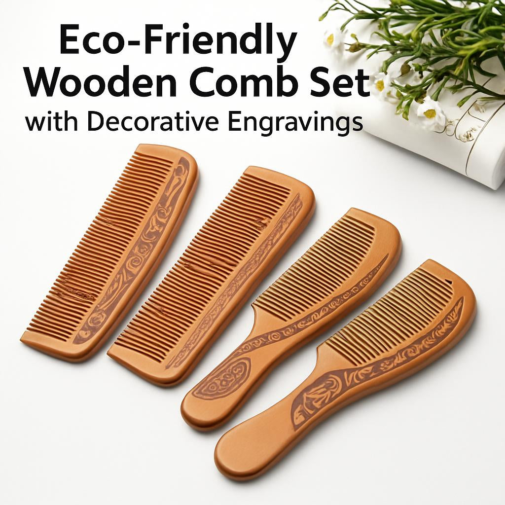 Eco-Friendly Wooden Comb Set with Decorative Engravings