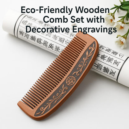 Eco-Friendly Wooden Comb Set with Decorative Engravings