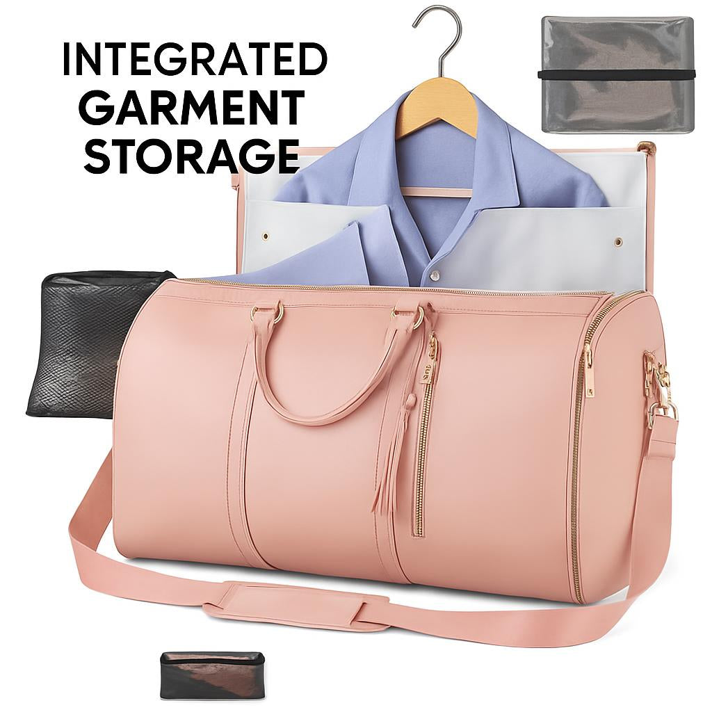 Light pink versatile garment and duffel bag for eco-friendly travel