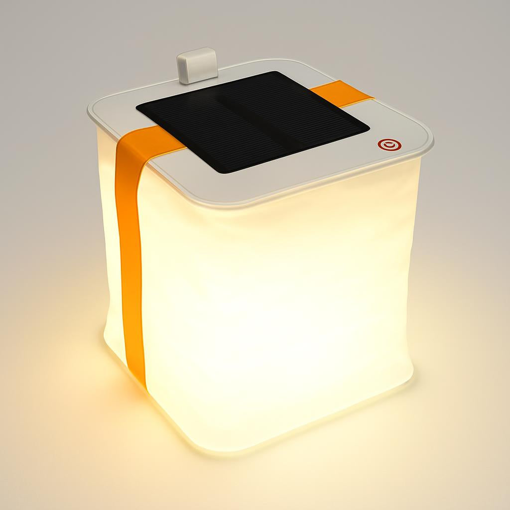 Solar-powered inflatable lantern with orange strap