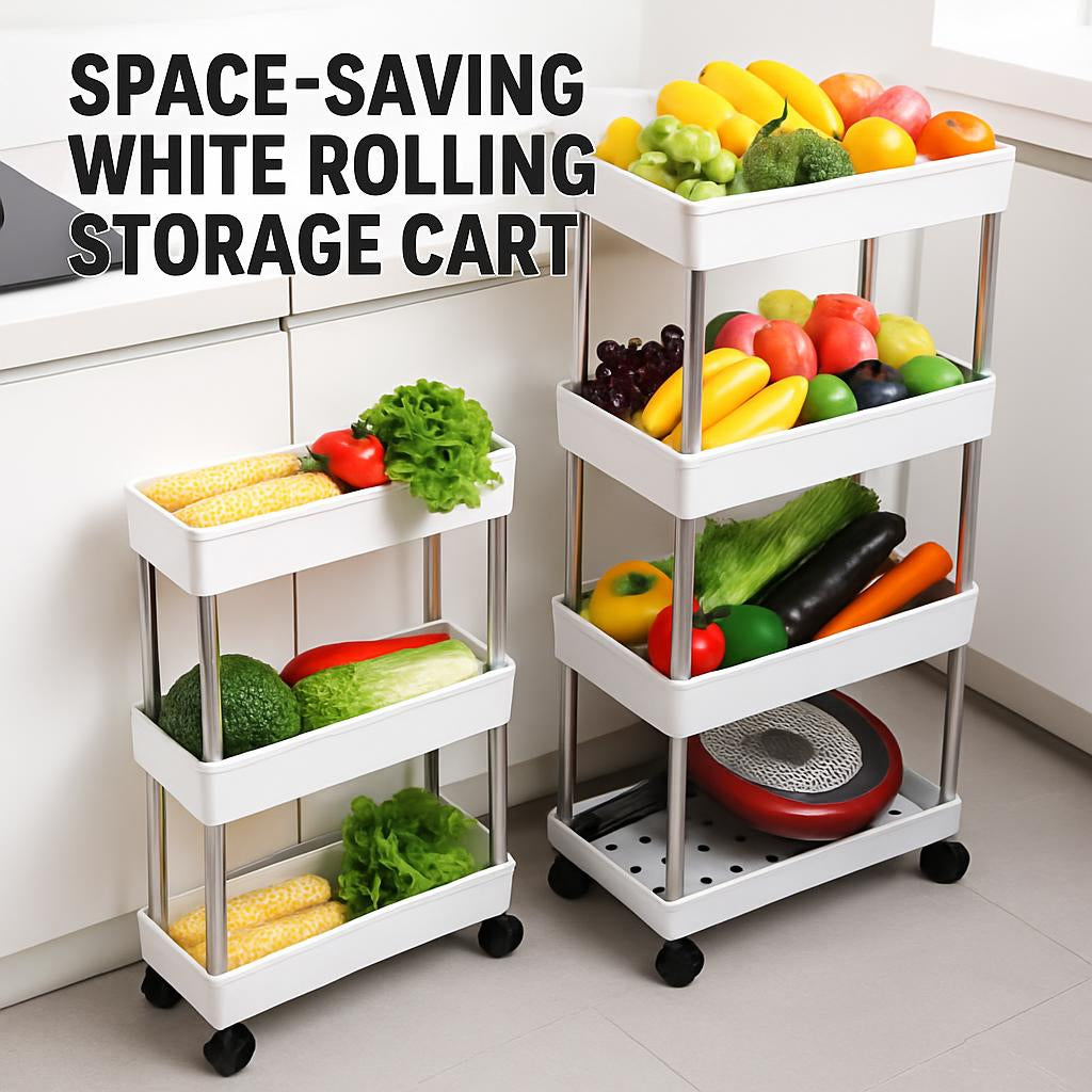 White rolling storage cart with metal frame and plastic shelves