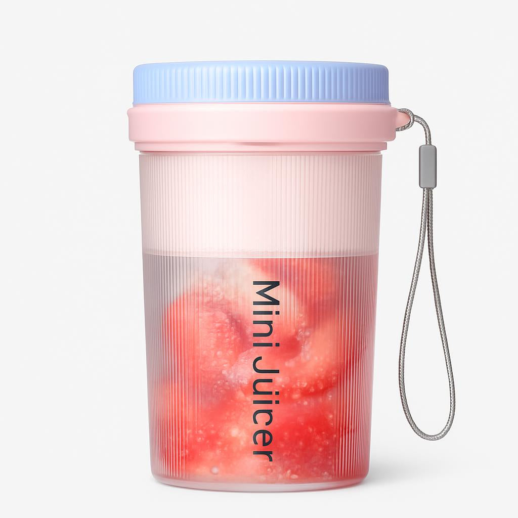 Portable Mini Juicer Blender in Light Pink with Blue Lid
