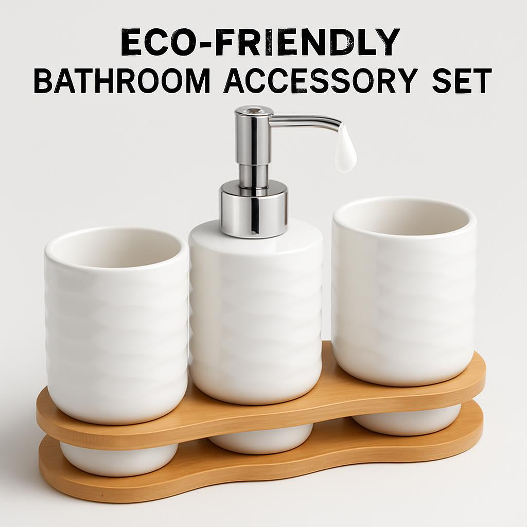 Eco-Friendly Bathroom Accessory Set with Ceramic and Bamboo