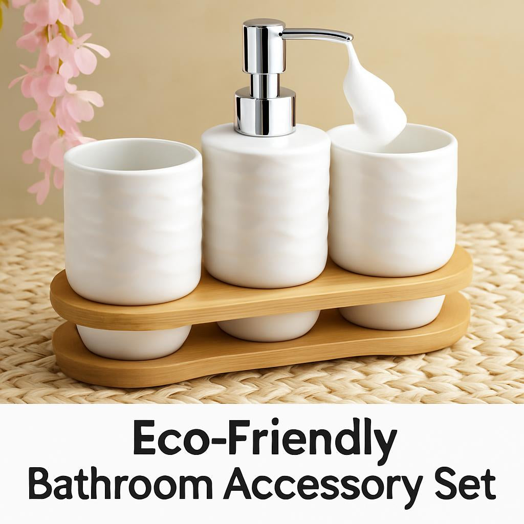 Eco-Friendly Bathroom Accessory Set - Ceramic & Bamboo
