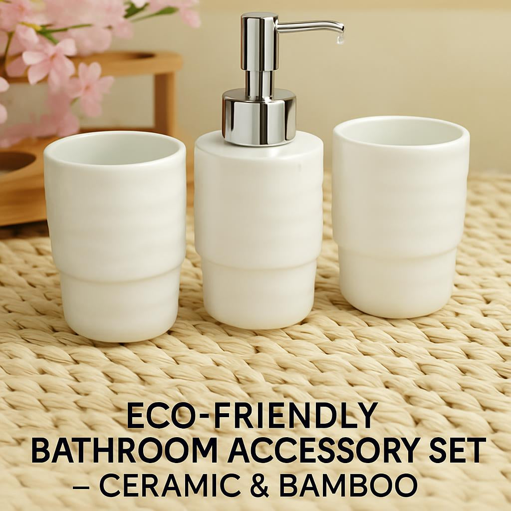 Eco-Friendly Bathroom Accessory Set - Ceramic & Bamboo
