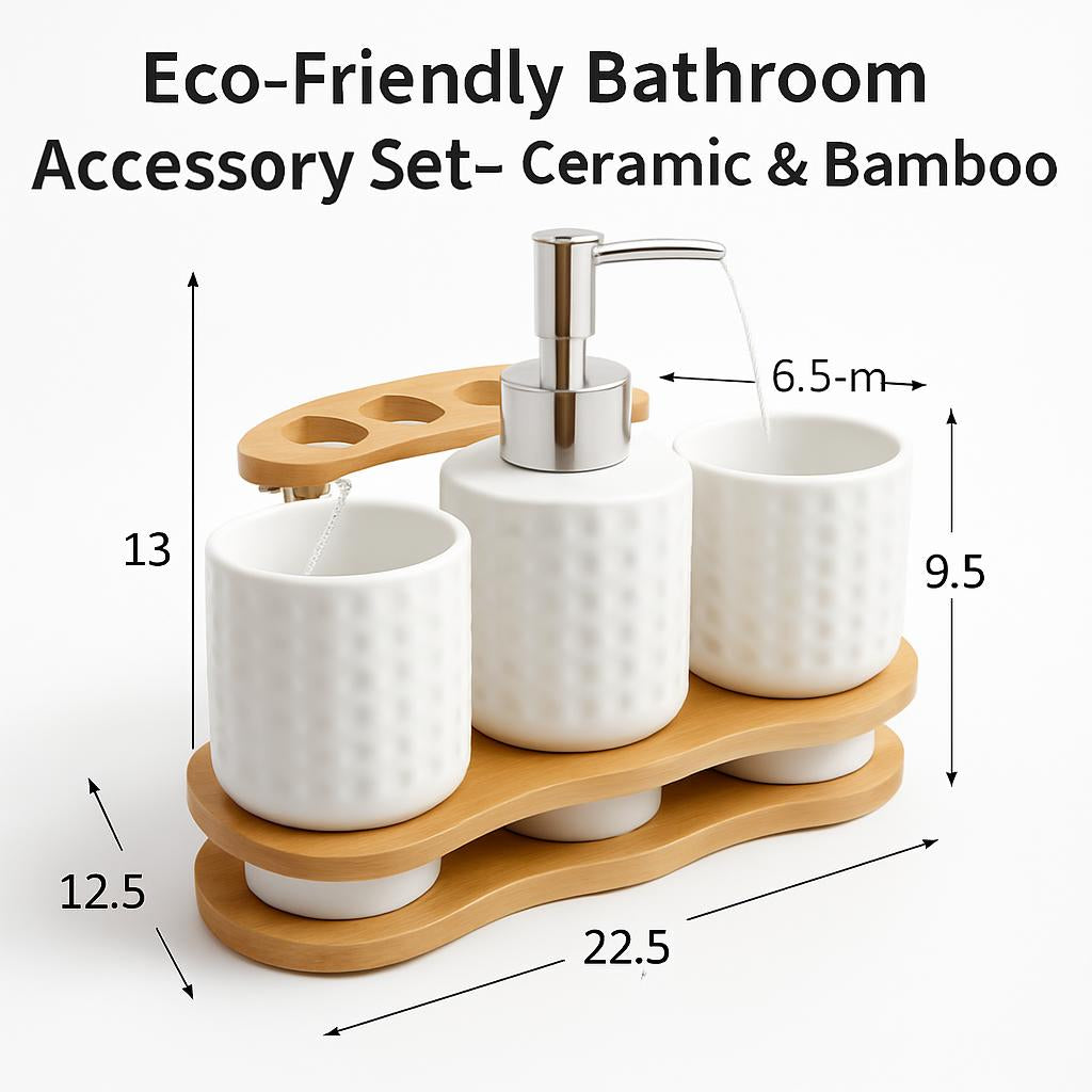 Eco-Friendly Bathroom Accessory Set - Ceramic & Bamboo