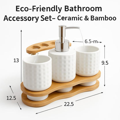 Eco-Friendly Bathroom Accessory Set - Ceramic & Bamboo