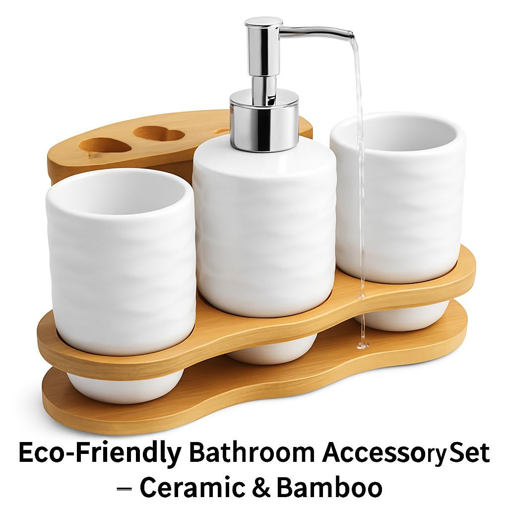 Eco-Friendly Bathroom Accessory Set - Ceramic & Bamboo