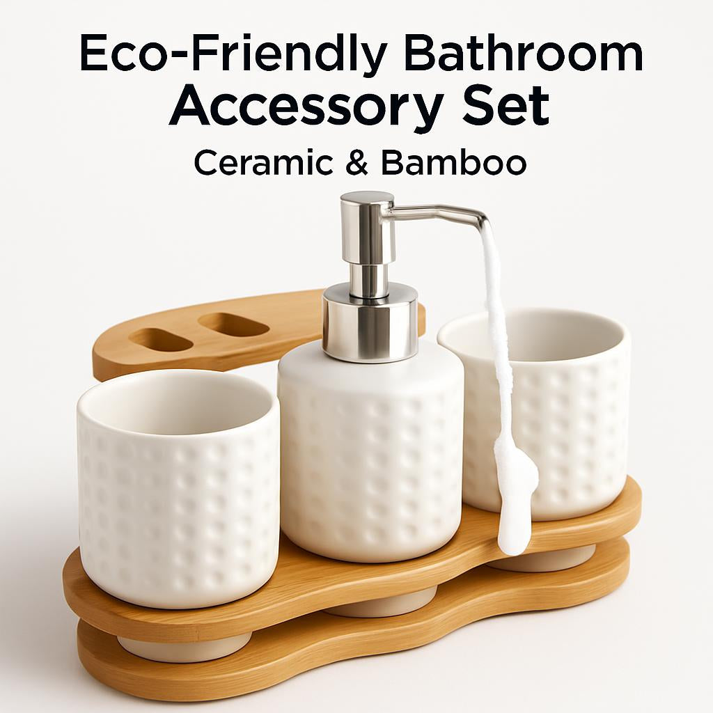 Eco-Friendly Bathroom Accessory Set - Ceramic & Bamboo