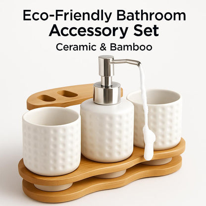 Eco-Friendly Bathroom Accessory Set - Ceramic & Bamboo