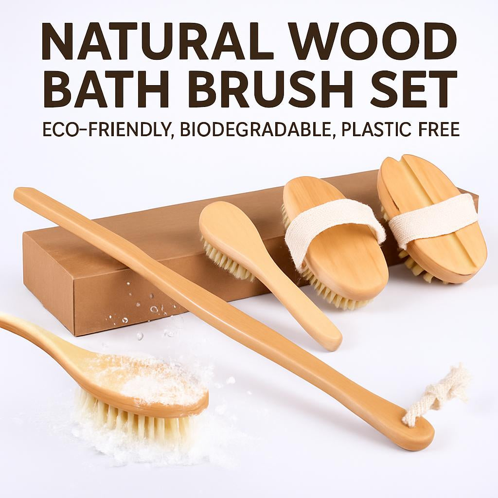 Natural Wood Bath Brush Set - Eco-Friendly, Biodegradable, Plastic-Free