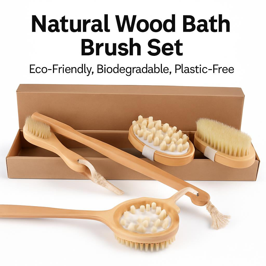 Natural Wood Bath Brush Set - Eco-Friendly, Biodegradable, Plastic-Free