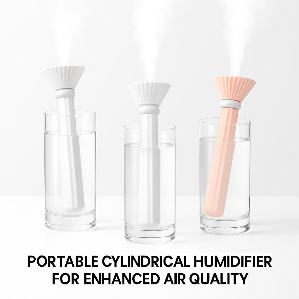 Portable cylindrical humidifier in white and pink for enhanced air quality