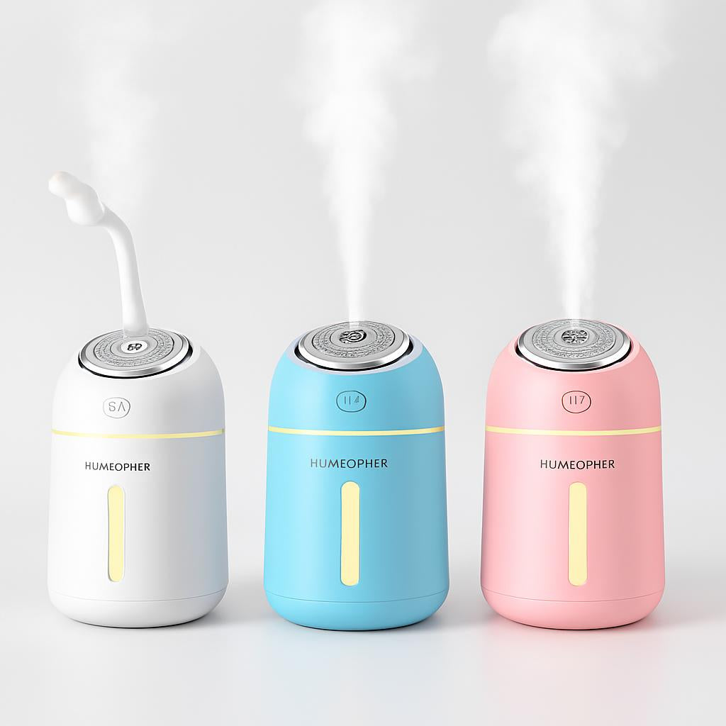 Compact Eco-Friendly Humidifier in White, Blue, and Pink