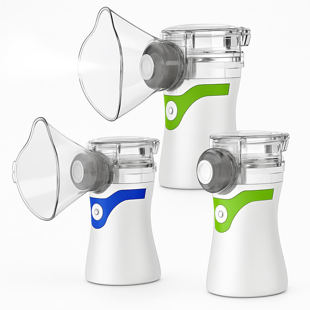 Portable nebulizer with white base and blue, green, or gray accents