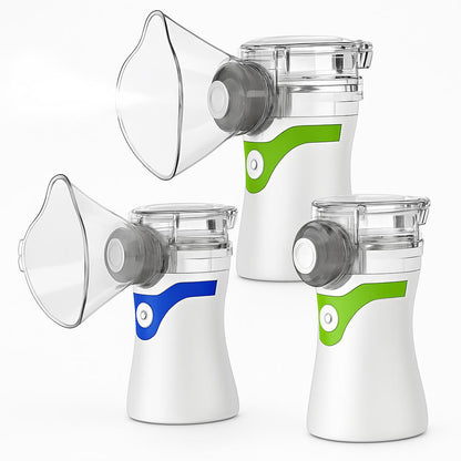 Portable nebulizer with white base and blue, green, or gray accents