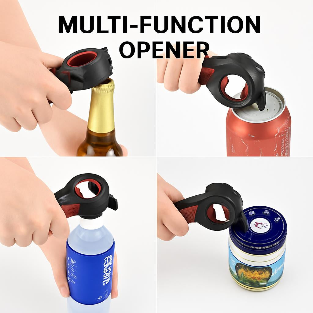 Multi-functional bottle and can opener with ergonomic handle
