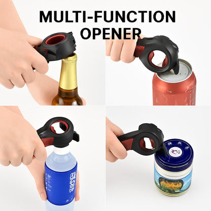 Multi-functional bottle and can opener with ergonomic handle