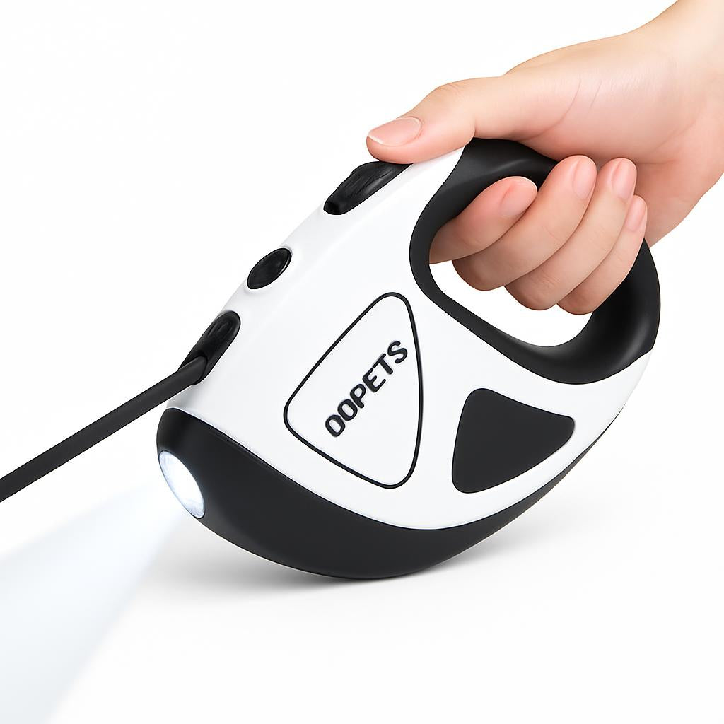 Black and white retractable dog leash with built-in flashlight