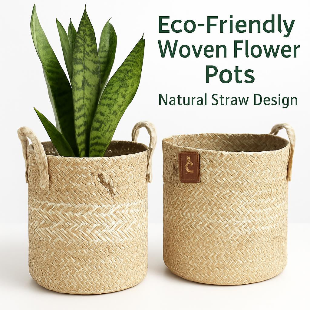 Eco-Friendly Woven Storage Baskets in Natural Beige with Brown Accents