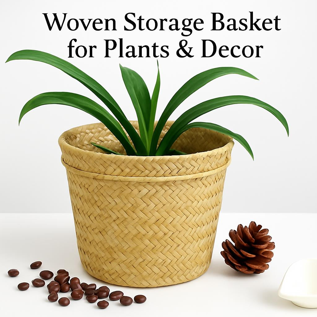 Natural Beige Woven Storage Basket for Eco-Friendly Home Decor