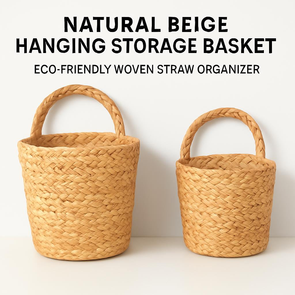 Natural Beige Hanging Storage Basket - Eco-Friendly Woven Straw Organizer