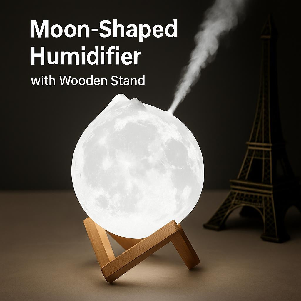 Moon-Shaped Humidifier with Wooden Stand for Aromatherapy