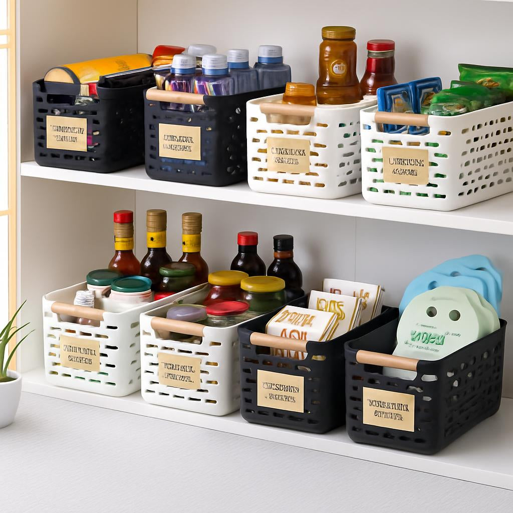 Black and white rectangular storage baskets with wooden handles