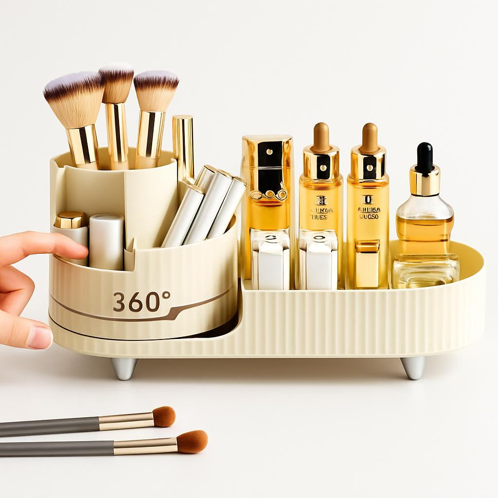 Rotating Beige Cosmetic Organizer on Countertop