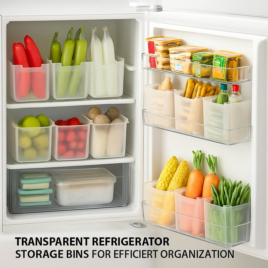 Transparent Refrigerator Storage Bins with Colored Edges for Efficient Organization