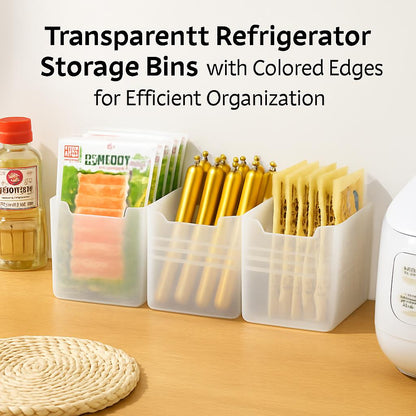 Transparent Refrigerator Storage Bins with Colored Edges for Efficient Organization
