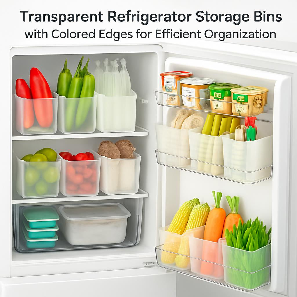Transparent Refrigerator Storage Bins with Colored Edges for Efficient Organization