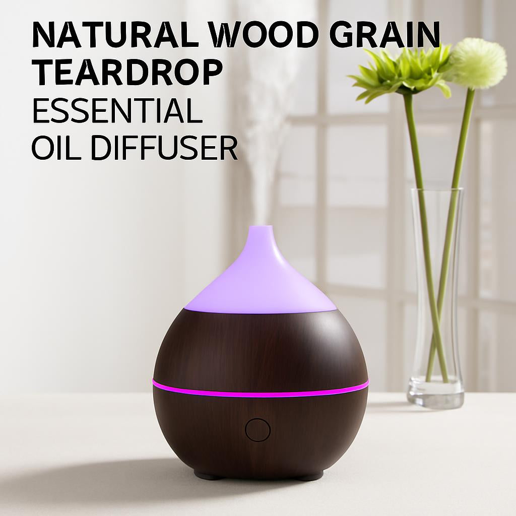Natural Wood Grain Teardrop Essential Oil Diffuser for Aromatherapy & Humidification