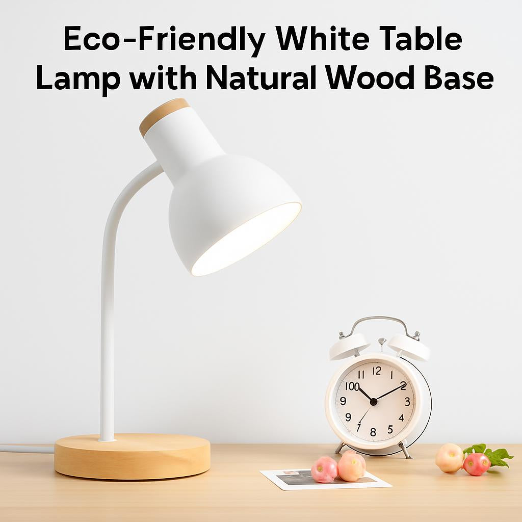 Eco-Friendly White Table Lamp with Natural Wood Base