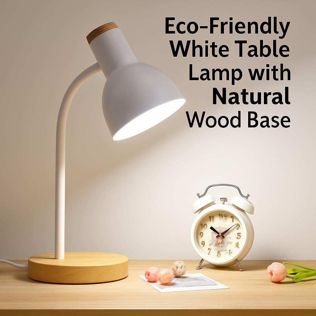 Eco-Friendly White Table Lamp with Natural Wood Base