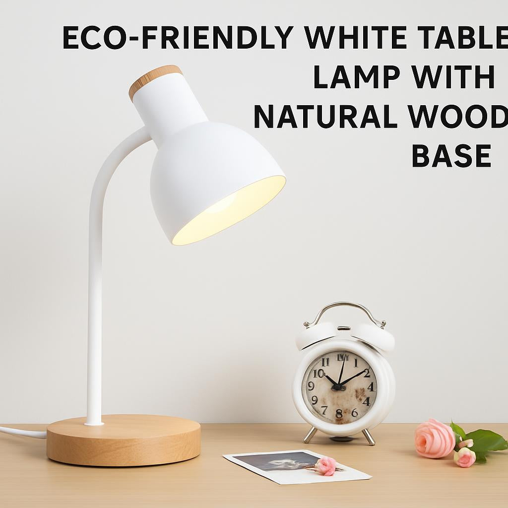 Eco-Friendly White Table Lamp with Natural Wood Base