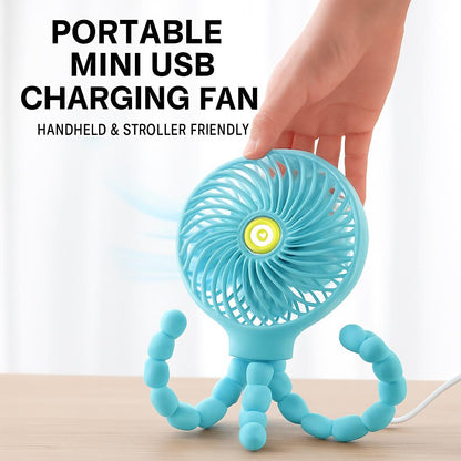 Light blue portable fan with flexible tripod legs for versatile placement