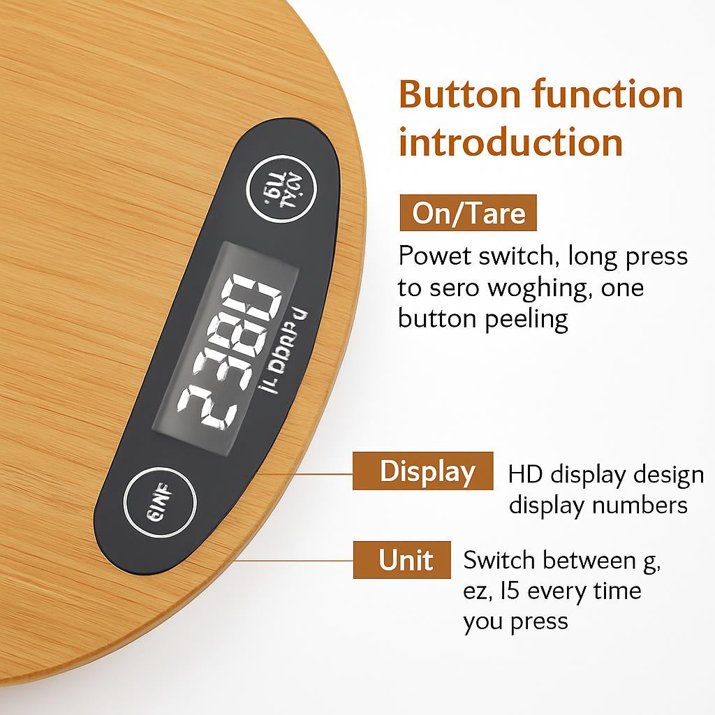 Eco-Friendly Bamboo Digital Kitchen Scale - Natural Wood Tone