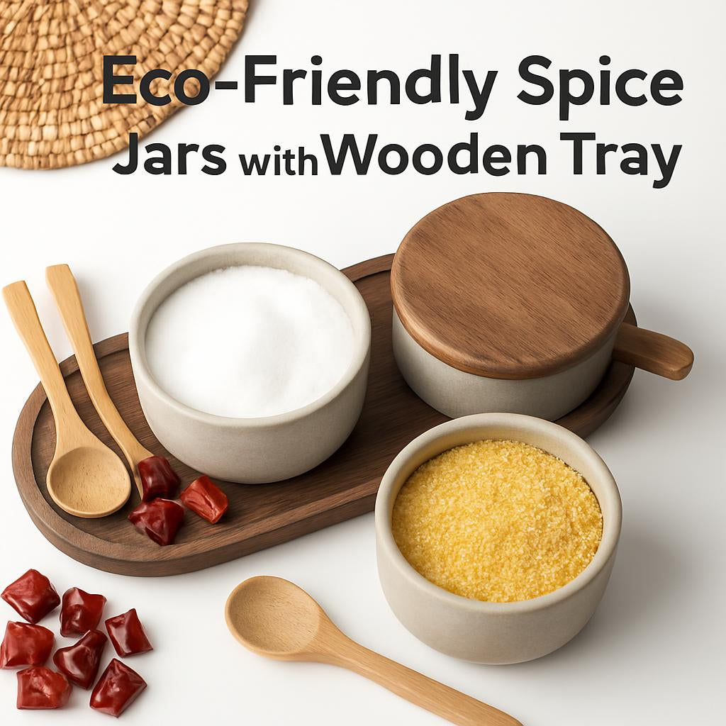 Eco-Friendly Spice Jars with Wooden Tray - Sustainable Kitchen Storage