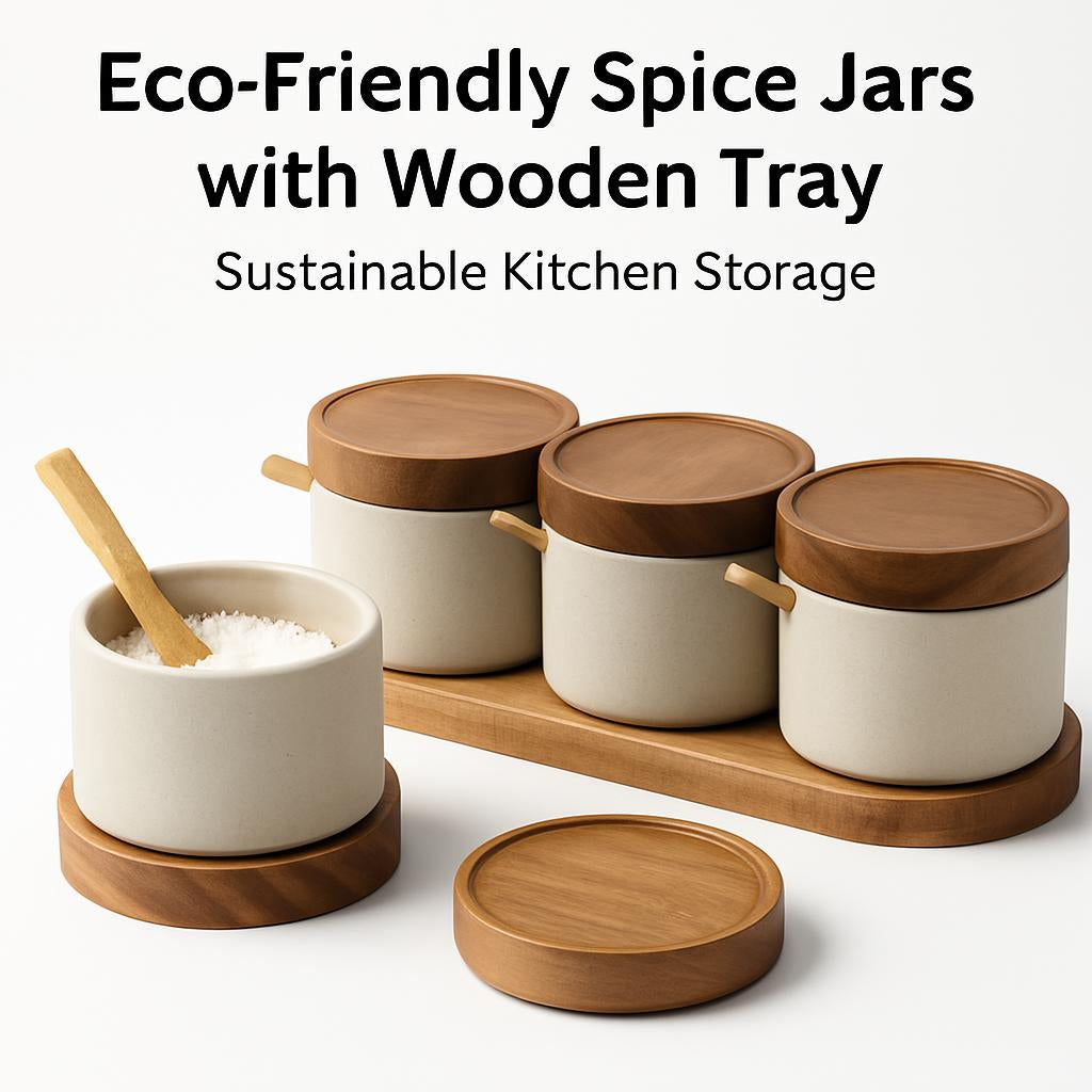 Eco-Friendly Spice Jars with Wooden Tray - Sustainable Kitchen Storage