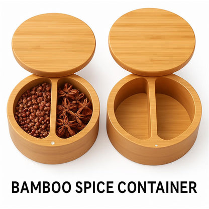 Bamboo spice container with natural wood finish and divided interior