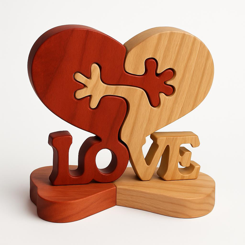 Heart-shaped wooden puzzle piece in red and natural wood tones