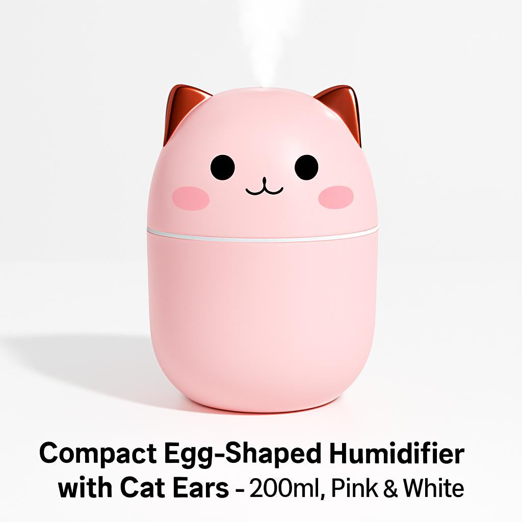 Compact Egg-Shaped Humidifier with Cat Ears - 200ml, Pink & White