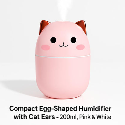 Compact Egg-Shaped Humidifier with Cat Ears - 200ml, Pink & White